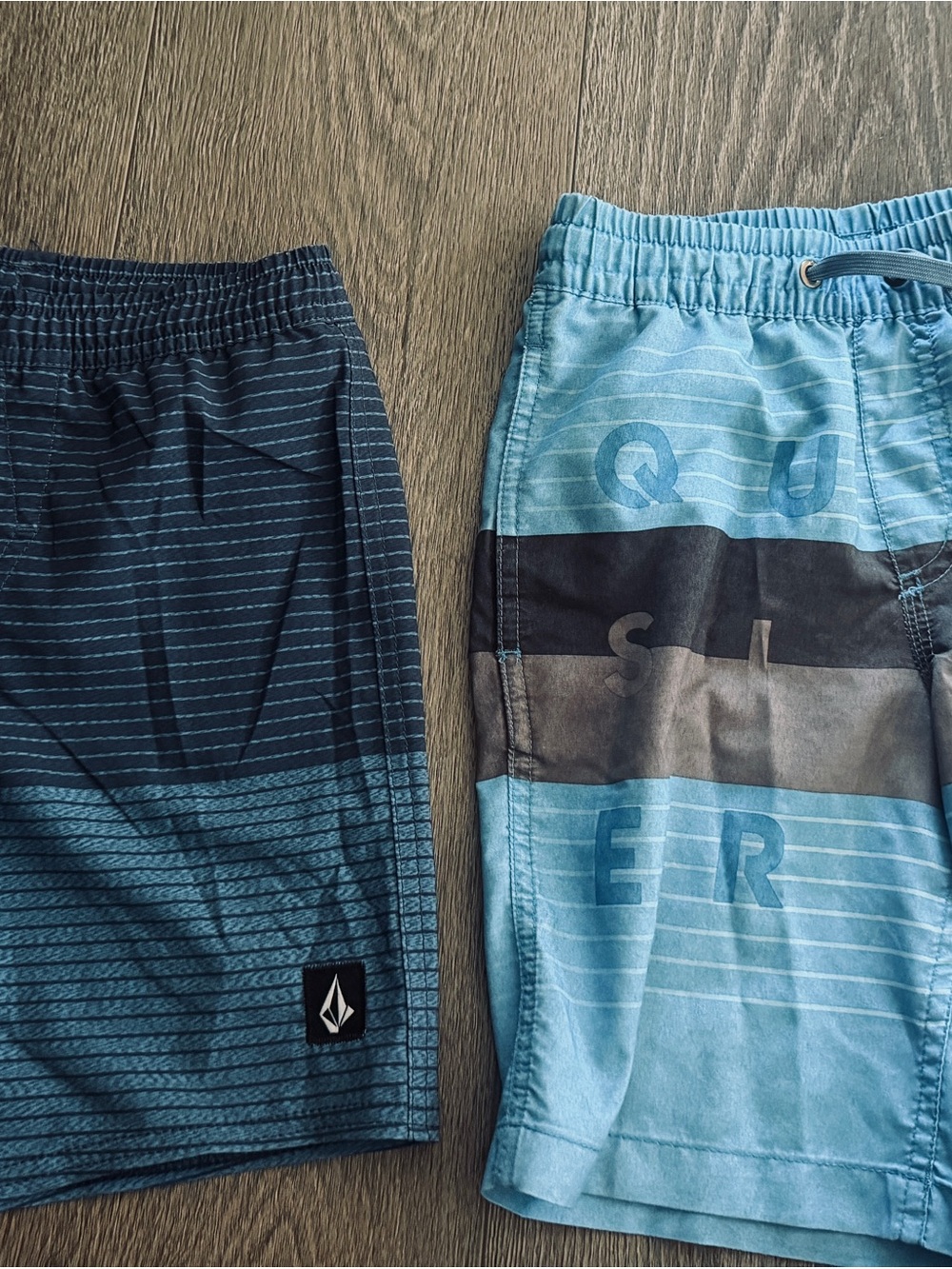 Volcom Boys' Navy & Light Blue Striped Swim Shorts and Quiksilver swim shorts